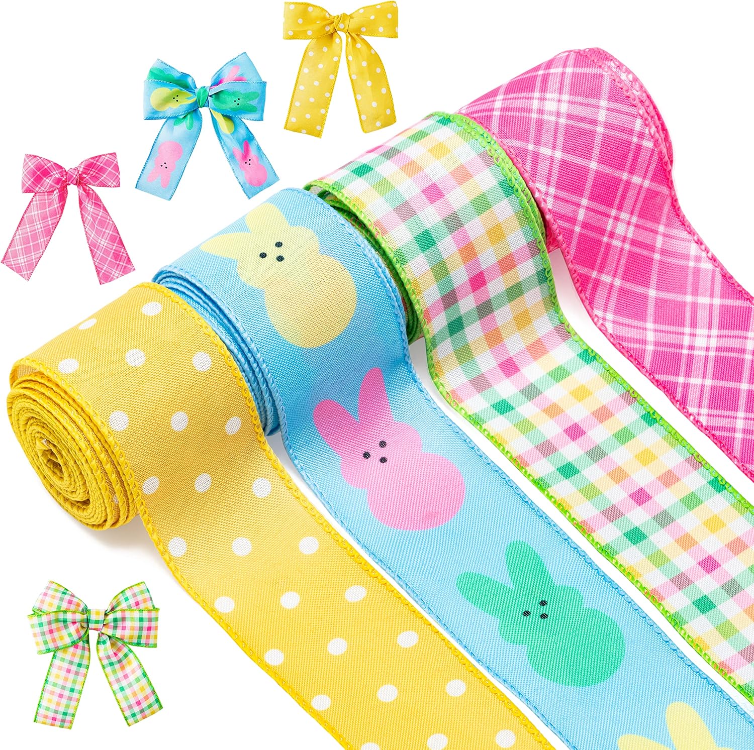 4Pcs/6Pcs Easter Spring Pastel Wired Ribbon Rolls, Easter Bunny Wired Edge Ribbons, Decorative Wrapping Ribbons for Gift, Easter Colorful DIY Craft Ribbons, Easter Fabric Ribbon Decor